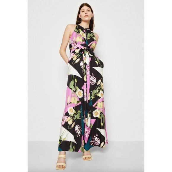 Ted Baker MAUDEE Floral Halter Neck Jumpsuit Pink Black Wide Leg Waist Tie US 4 - Picture 1 of 13